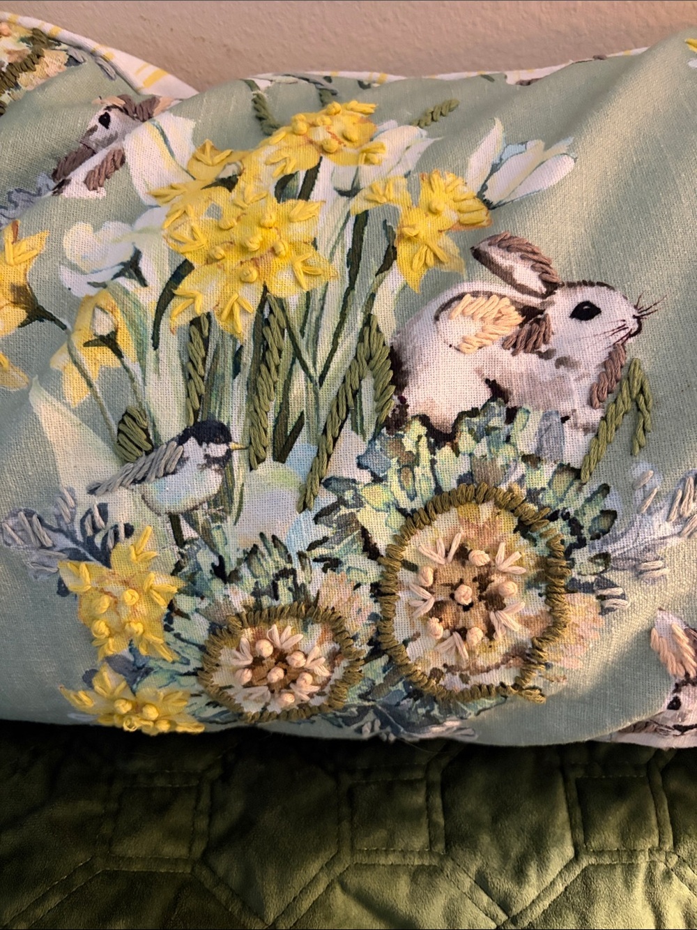 Accent pillow birds, daffodils,, tulips,rabbits in greens, yellows, blues, - Picture 2 of 5
